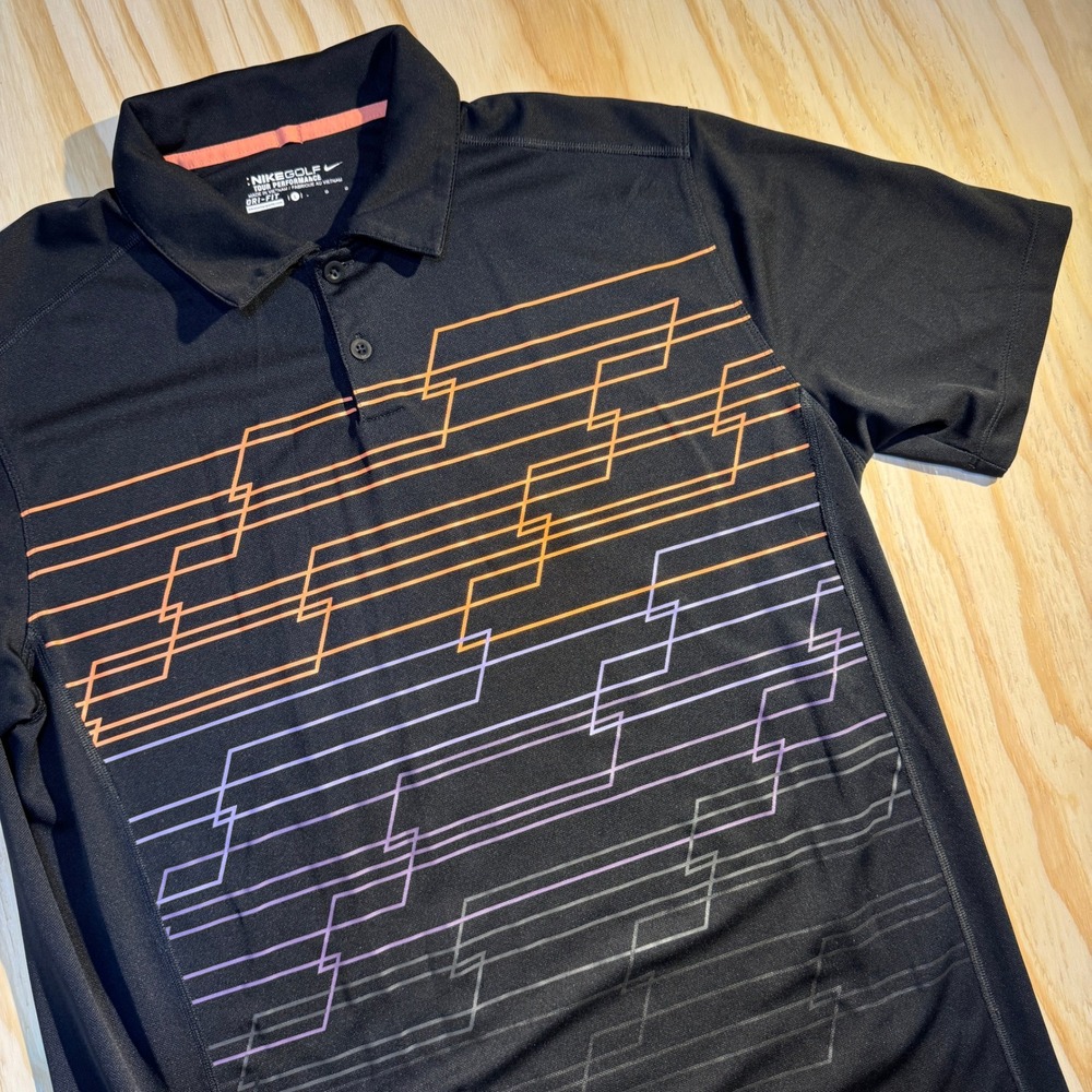 Nike Golf Men's Tour Performance Dri-Fit Geometric Polo Shirt Black Orange Large